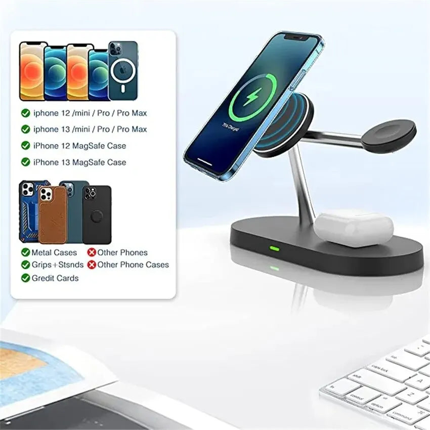 3 In 1 Magnetic Wireless Charger Stand For iPhone 15 14 13 Pro Max Apple Watch 8 7 6 Airpods Induction USB Fast Charging Station